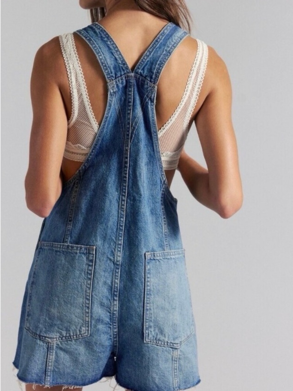 We The Free Rambler Shortalls Denim Jean Oversized Short Overalls Free People L - Picture 2 of 9